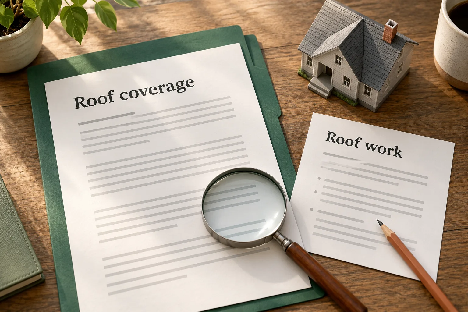 Editorial illustration of separate roof coverage and roof work documents with a magnifying glass and model house